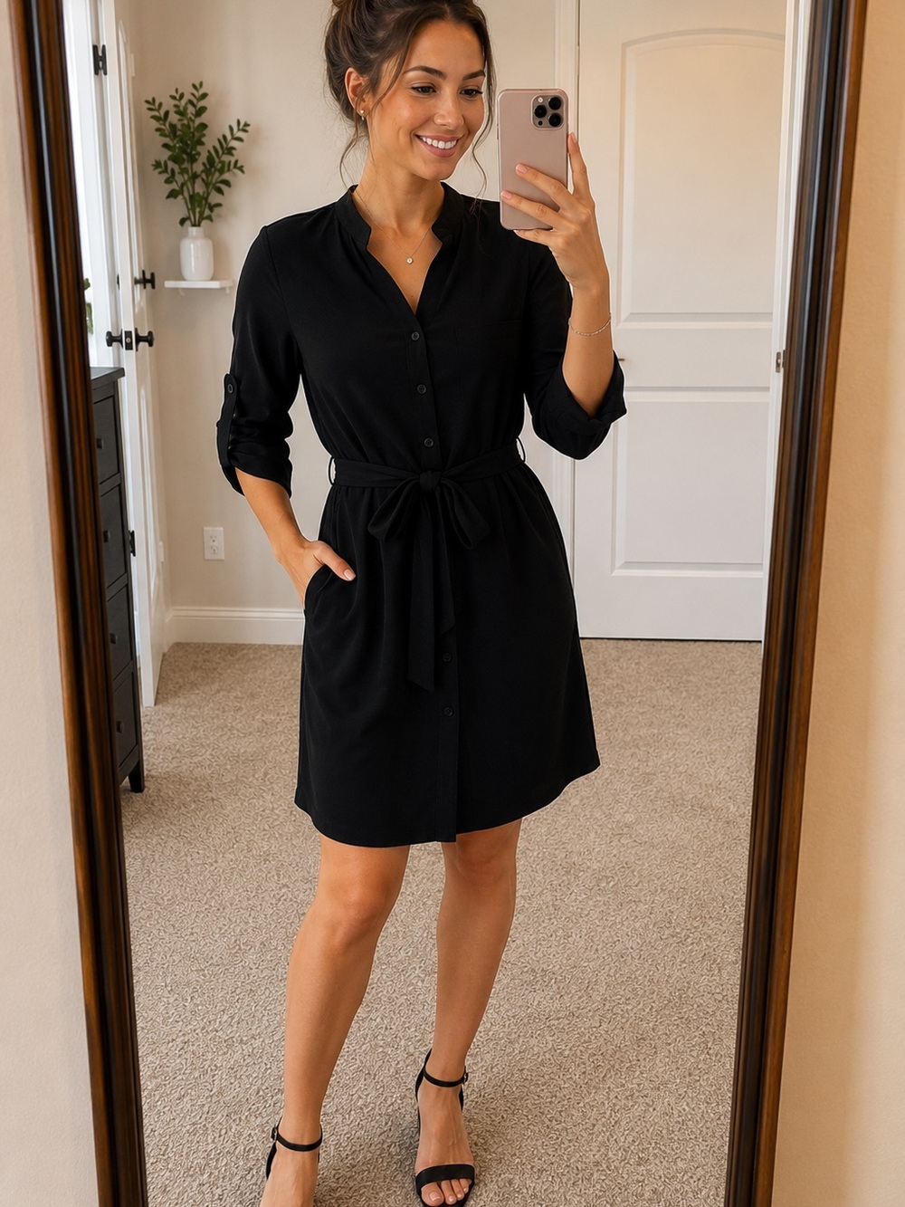 Classic Black Shirt Dress with Tie Waist